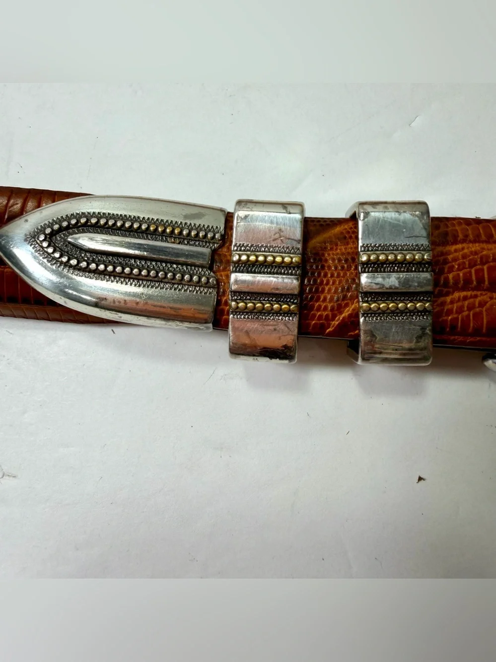 Vintage Italian Calfskin Leather Ranger Belt 38 Lizard Embossed Cognac Brown Y2K